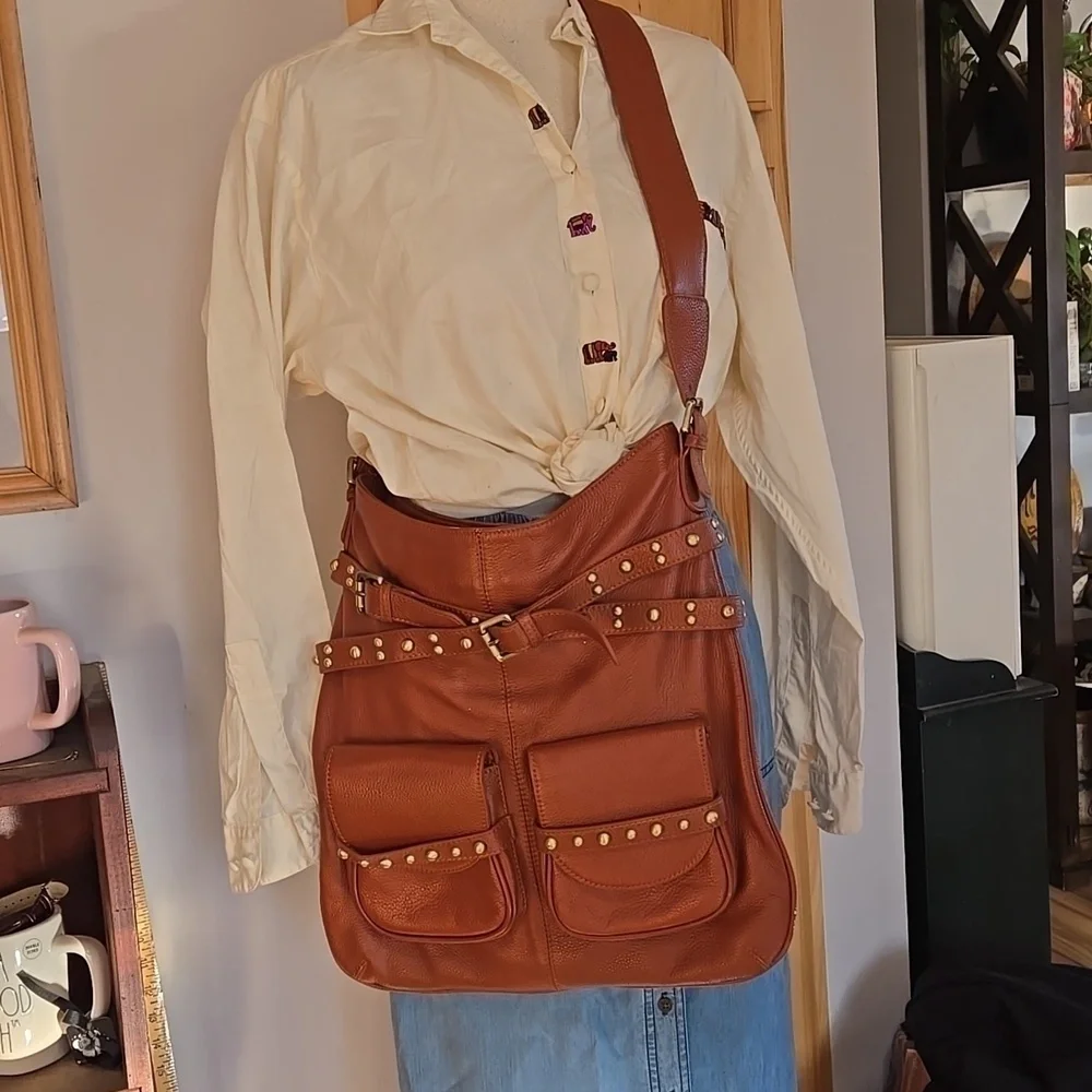 Leather Bucket Hobo Crossbody Chocolat Blu Brand Pebble Leather Gold Stud Detail